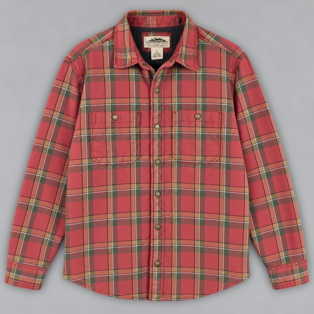 LL Bean Katahdin Iron Works Fleece Lined Flannel Shirt Jacket Red Plaid Mens M